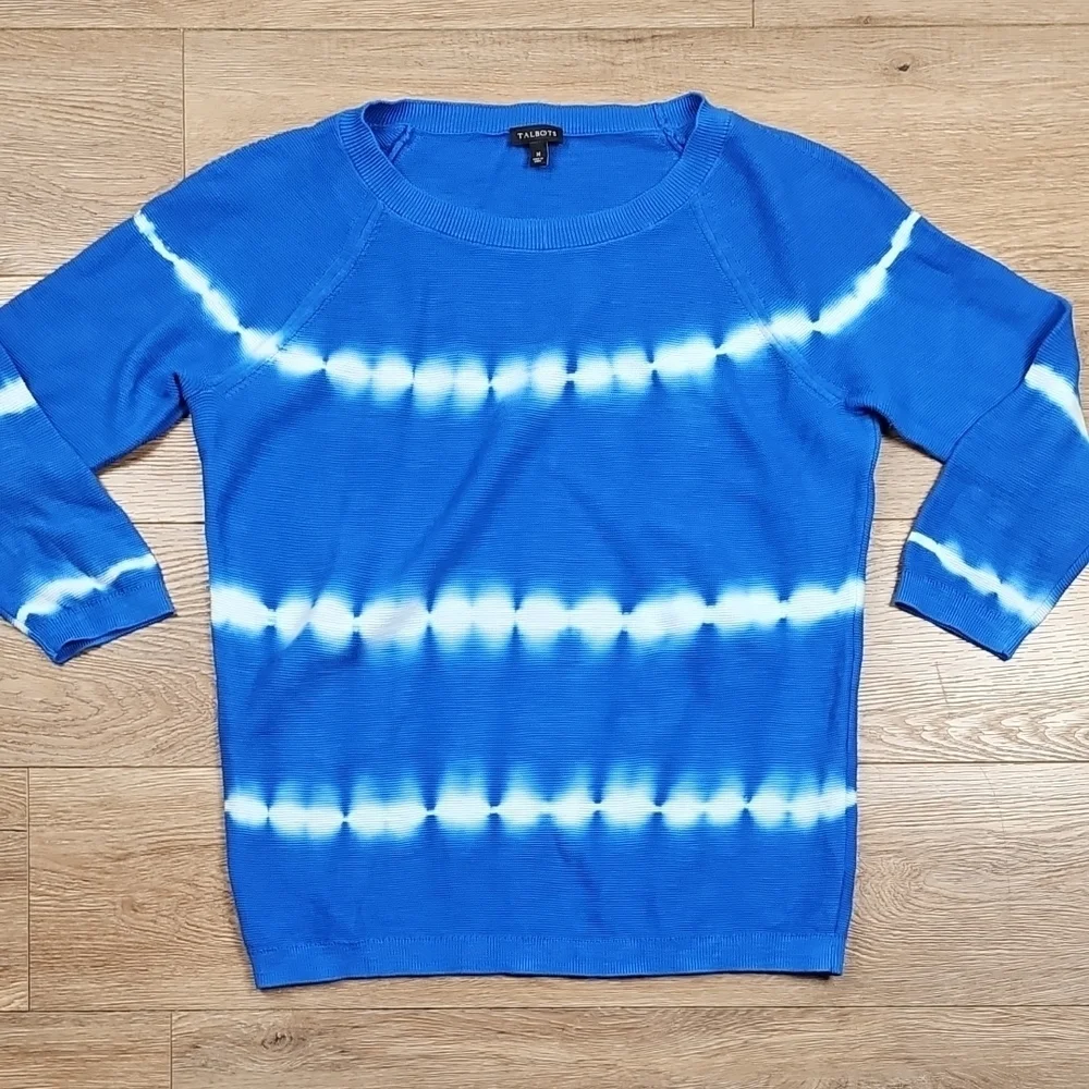 Talbots 100% Cotton Knit Blue White Tie Dye Crewneck 3/4 Sleeve Pullover Sweater
